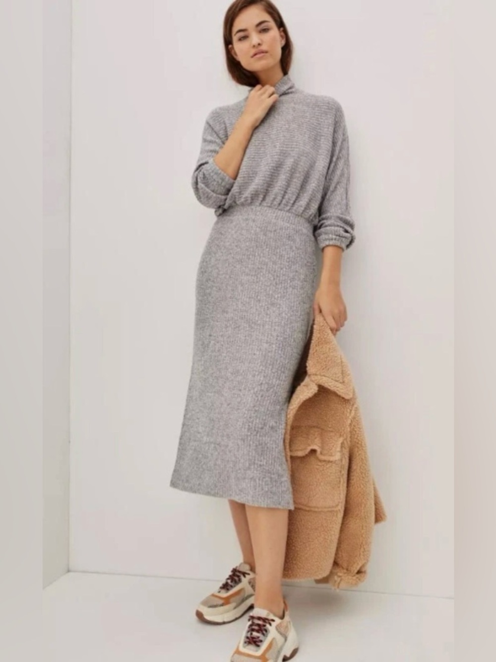 Anthropologie Saturday Sunday Mariah Ribbed Knit Coastal Lounge Neutral Dress  S